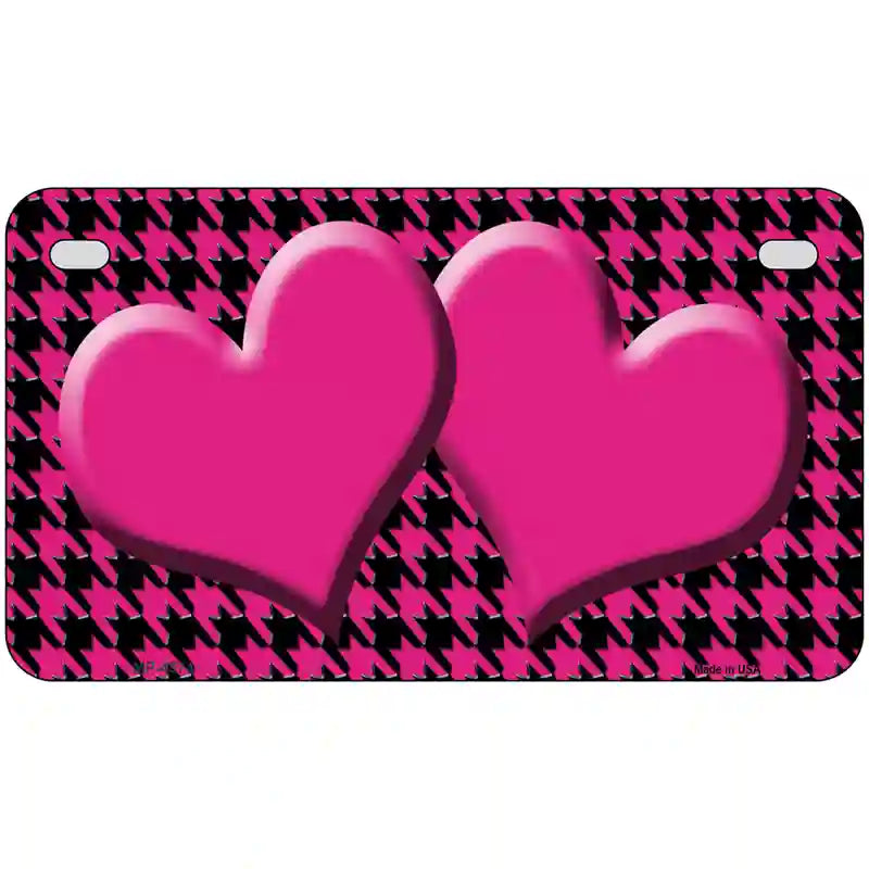 Pink Black Houndstooth Pink Center Hearts Metal Novelty License Plate 7" x 4" (MP)