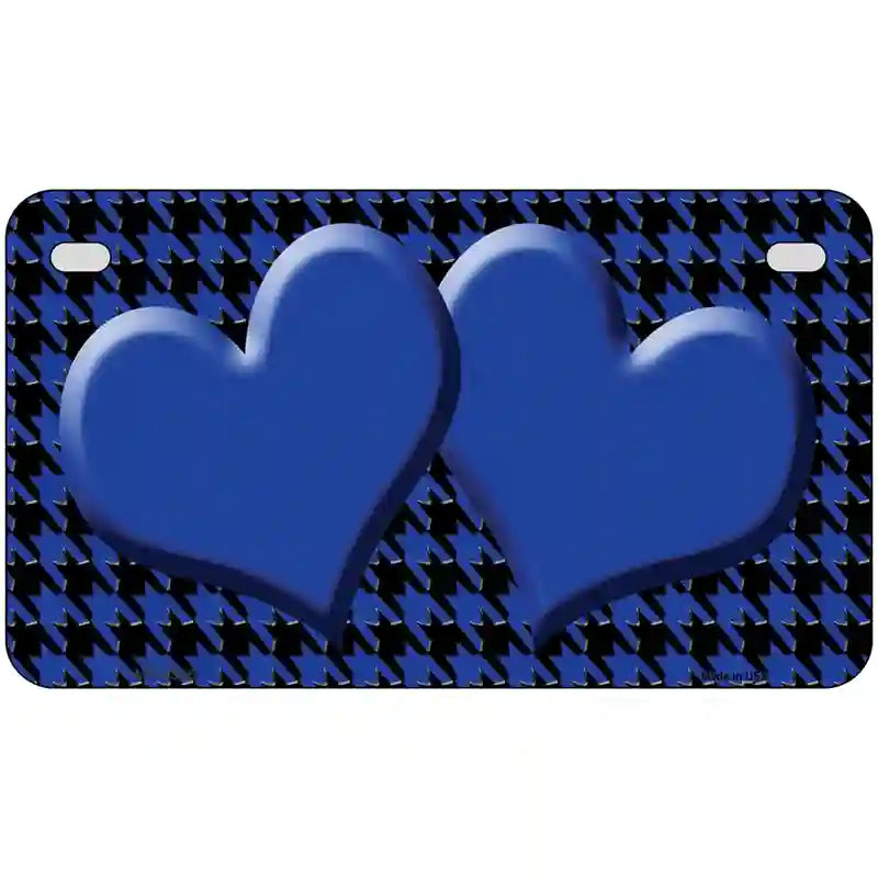 Blue Black Houndstooth Blue Center Hearts Metal Novelty License Plate 7" x 4" (MP)