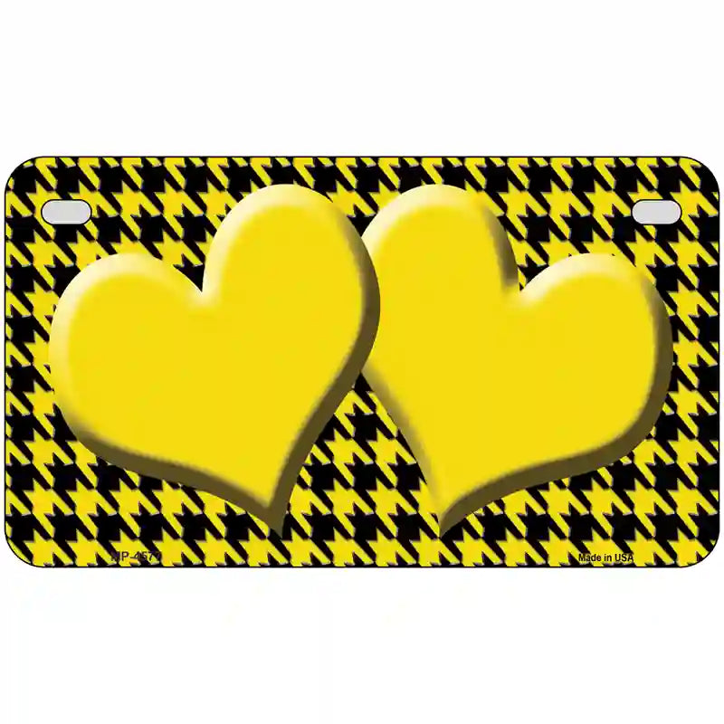 Yellow Black Houndstooth Yellow Center Hearts Metal Novelty License Plate 7" x 4" (MP)