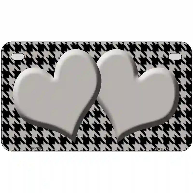 Grey Black Houndstooth Grey Center Hearts Metal Novelty License Plate 7" x 4" (MP)