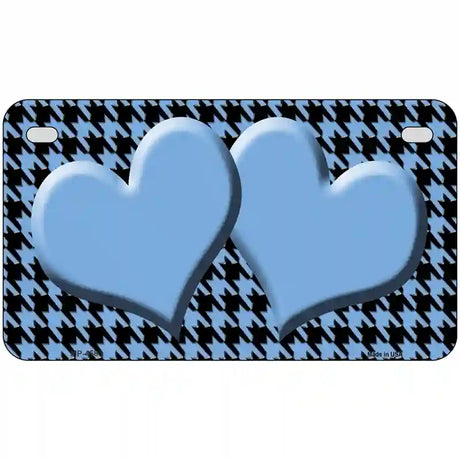 Light Blue Black Houndstooth Light Blue Center Hearts Metal Novelty License Plate 7" x 4" (MP)