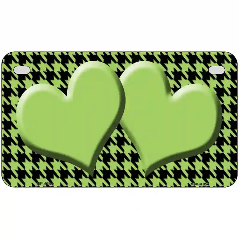 Lime Green Black Houndstooth Lime Green Center Hearts Metal Novelty License Plate 7" x 4" (MP)