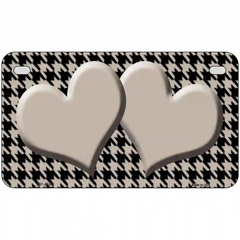 Tan Black Houndstooth Tan Center Hearts Metal Novelty License Plate 7" x 4" (MP)