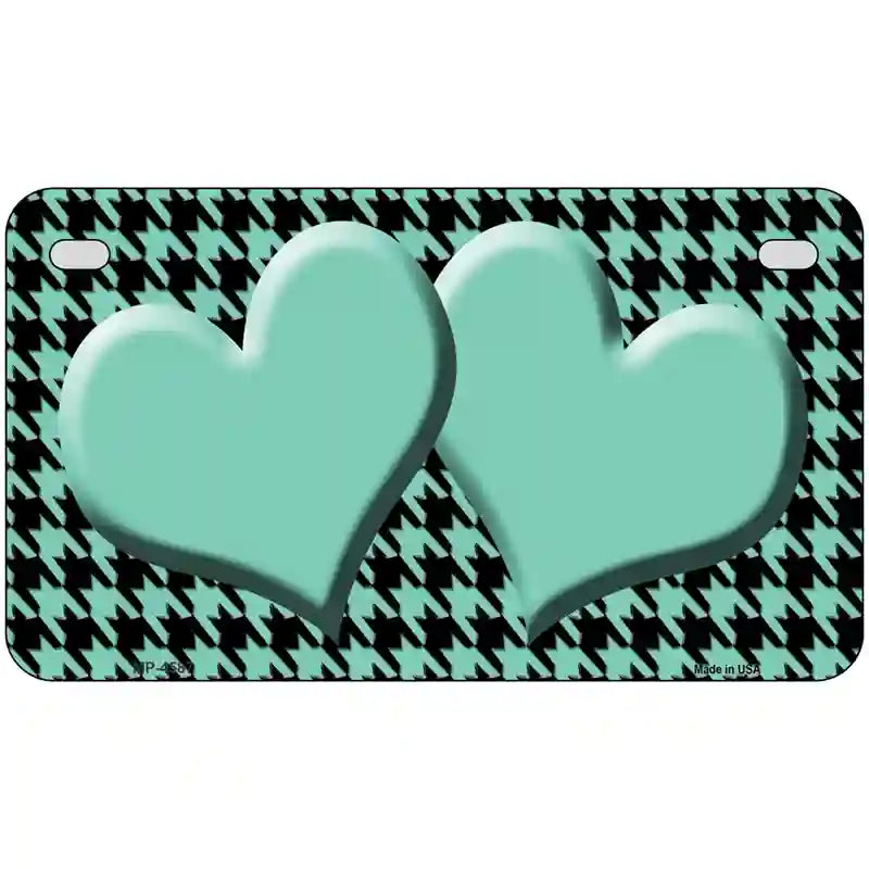 Mint Black Houndstooth Mint Center Hearts Metal Novelty License Plate 7" x 4" (MP)