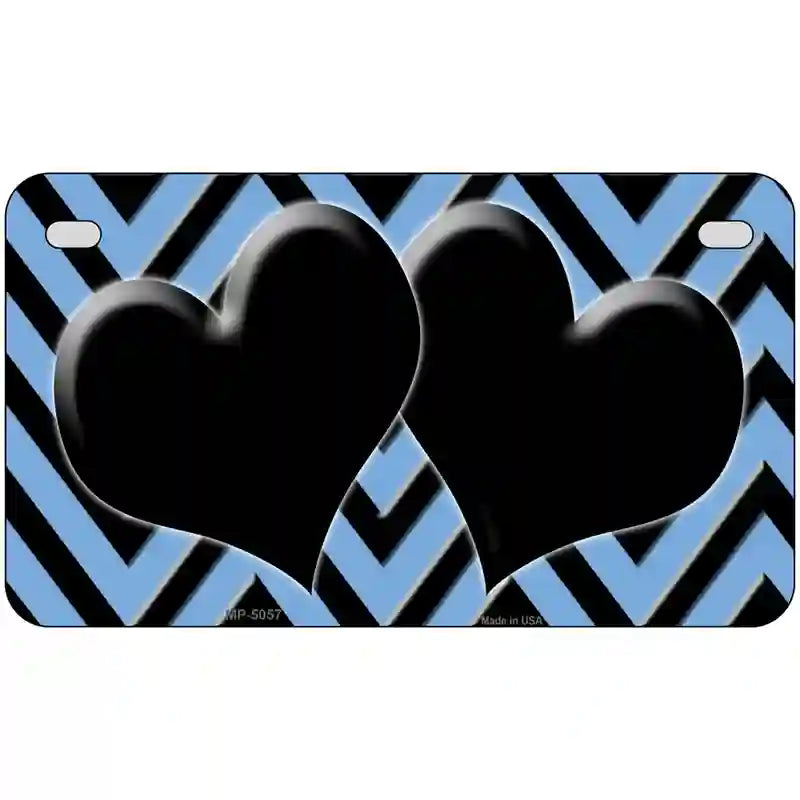 Light Blue Black Chevon Hearts Metal Novelty License Plate 7" x 4" (MP)