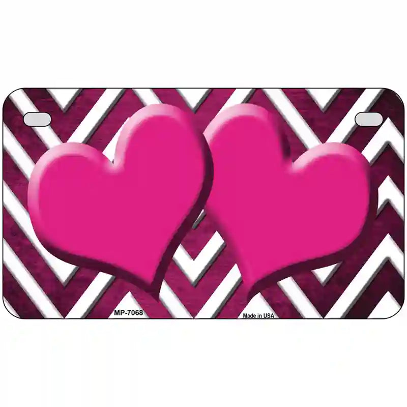 Pink White Hearts Chevron Oil Rubbed Metal Novelty License Plate 7" x 4" (MP)