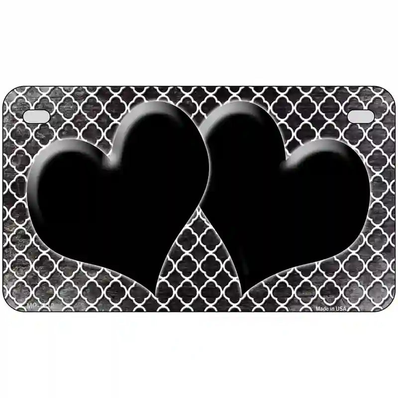 Black White Quatrefoil Hearts Oil Rubbed Metal Novelty License Plate 7" x 4" (MP)