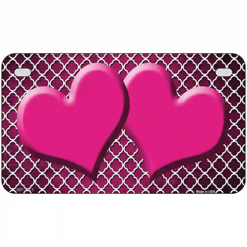 Pink White Quatrefoil Hearts Oil Rubbed Metal Novelty License Plate 7" x 4" (MP)