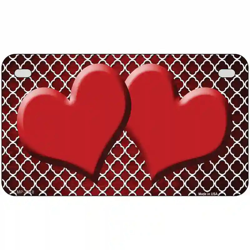 Red White Quatrefoil Hearts Oil Rubbed Metal Novelty License Plate 7" x 4" (MP)