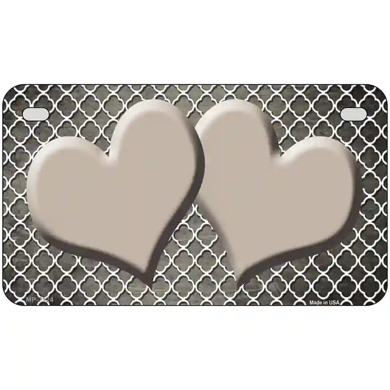 Tan White Quatrefoil Hearts Oil Rubbed Metal Novelty License Plate 7" x 4" (MP)