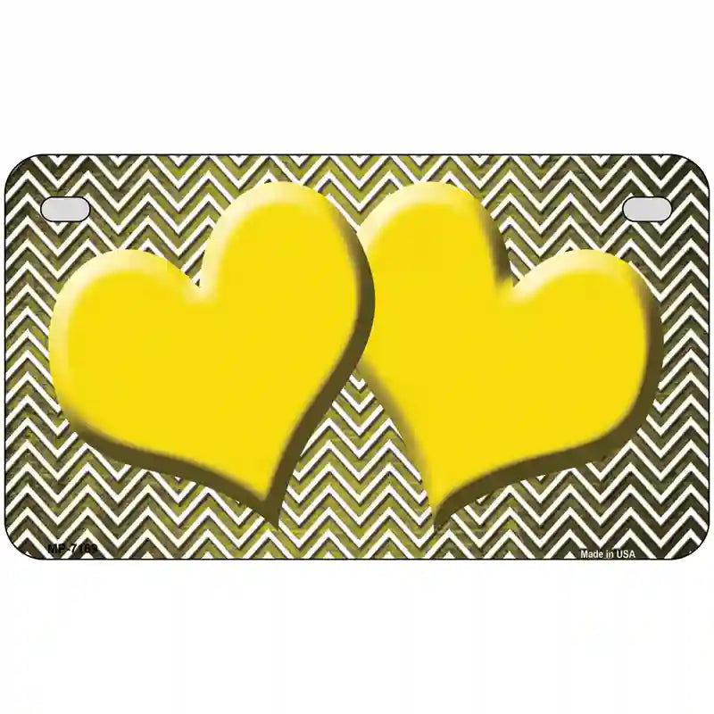 Yellow White Small Chevron Hearts Oil Rubbed Metal Novelty License Plate 7" x 4" (MP)