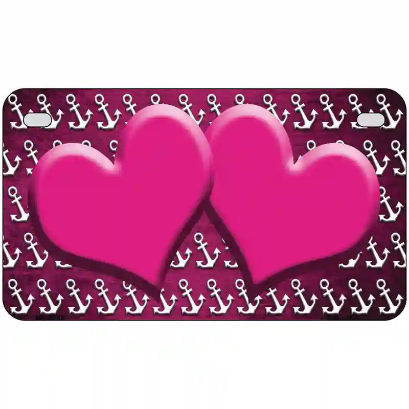 Pink White Anchor Hearts Oil Rubbed Metal Novelty License Plate 7" x 4" (MP)