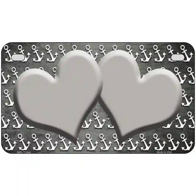 Gray White Anchor Hearts Oil Rubbed Metal Novelty License Plate 7" x 4" (MP)