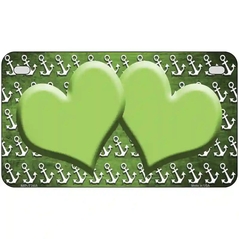 Lime Green White Anchor Hearts Oil Rubbed Metal Novelty License Plate 7" x 4" (MP)