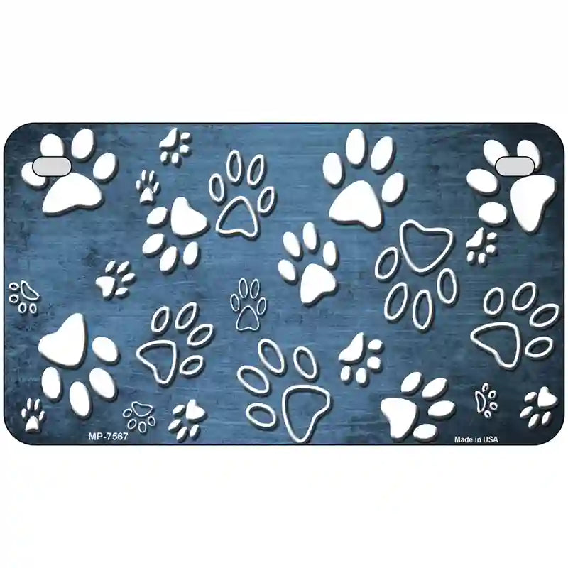 Light Blue White Paw Oil Rubbed Metal Novelty License Plate 7" x 4" (MP)