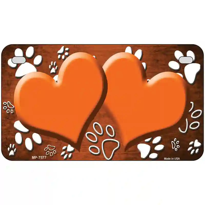 Paw Heart Orange White Metal Novelty License Plate 7" x 4" (MP)