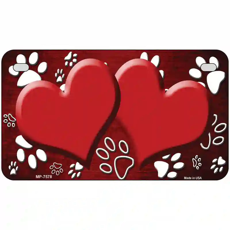 Paw Heart Red White Metal Novelty License Plate 7" x 4" (MP)