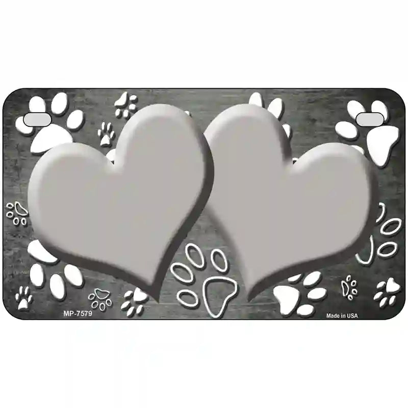 Paw Heart Gray White Metal Novelty License Plate 7" x 4" (MP)