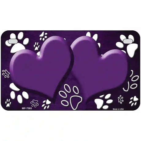 Paw Heart Purple White Metal Novelty License Plate 7" x 4" (MP)