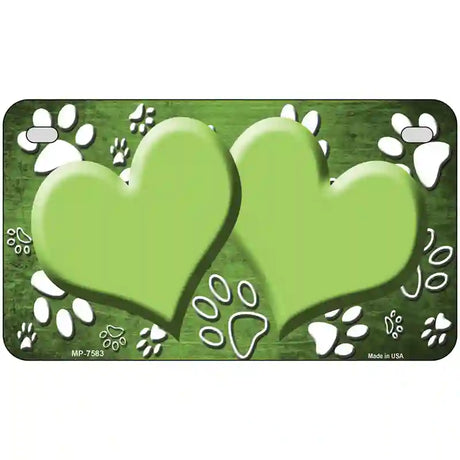 Paw Heart Lime Green White Metal Novelty License Plate 7" x 4" (MP)