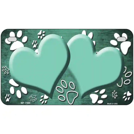 Paw Heart Mint White Metal Novelty License Plate 7" x 4" (MP)