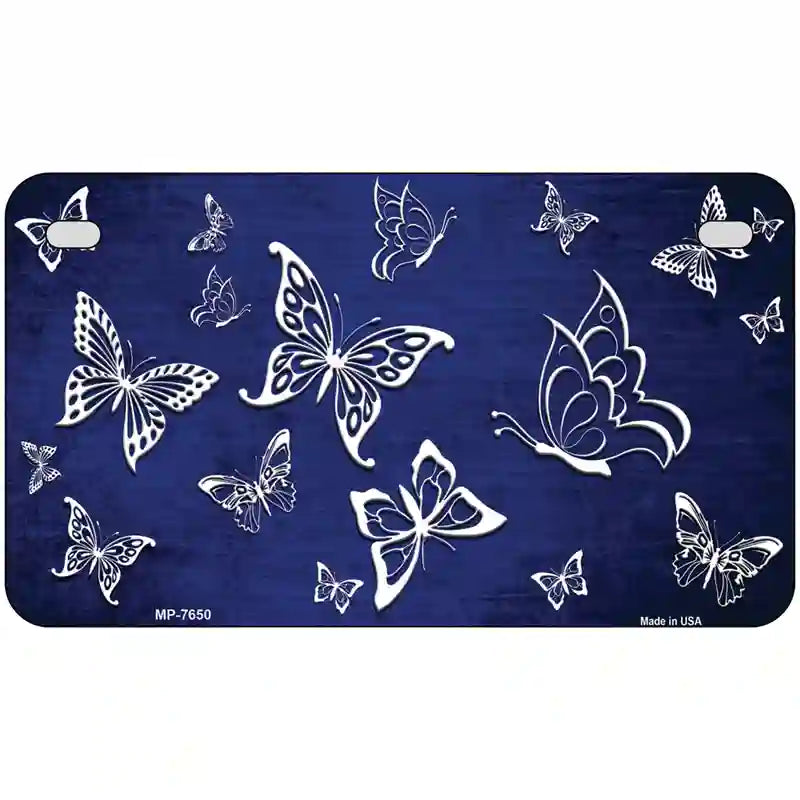 Blue White Butterfly Oil Rubbed Metal Novelty License Plate 7" x 4" (MP)