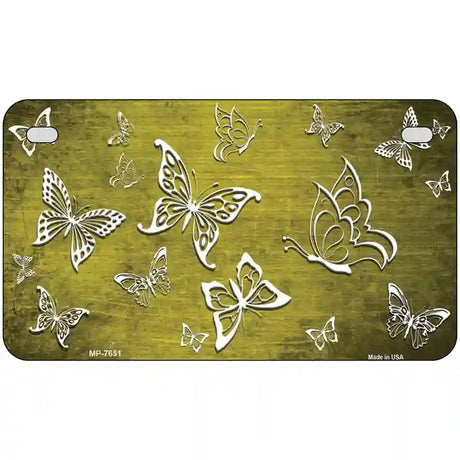 Yellow White Butterfly Oil Rubbed Metal Novelty License Plate 7" x 4" (MP)