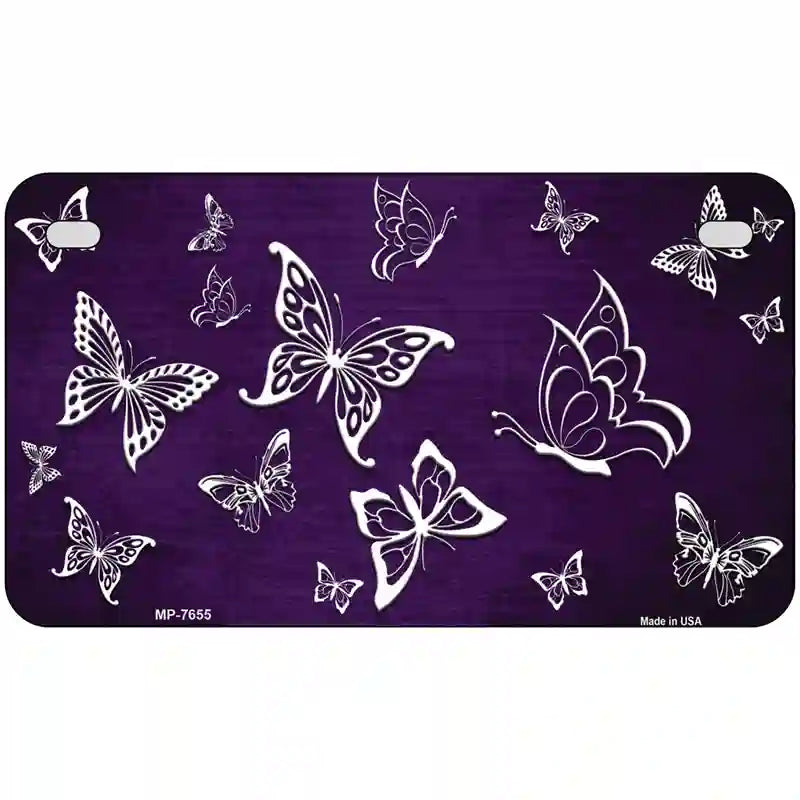 Purple White Butterfly Oil Rubbed Metal Novelty License Plate