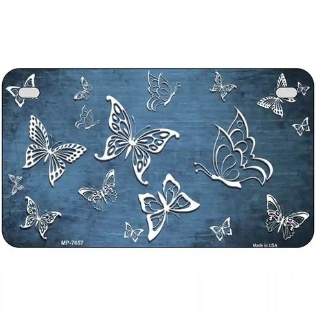 Light Blue White Butterfly Oil Rubbed Metal Novelty License Plate 7" x 4" (MP)