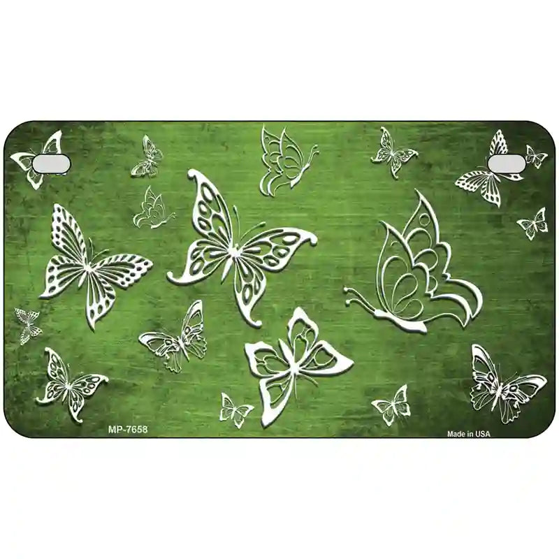 Lime Green White Butterfly Oil Rubbed Metal Novelty License Plate 7" x 4" (MP)