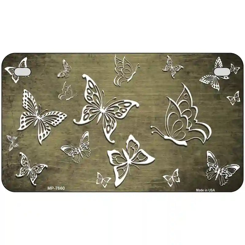 Gold White Butterfly Oil Rubbed Metal Novelty License Plate 7" x 4" (MP)