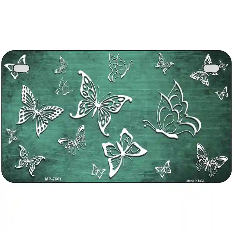 Mint White Butterfly Oil Rubbed Metal Novelty License Plate 7" x 4" (MP)