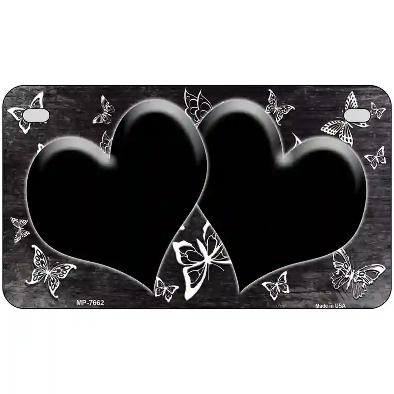 Black White Hearts Butterfly Oil Rubbed Metal Novelty License Plate 7" x 4" (MP)