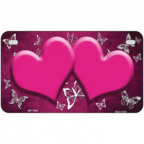 Pink White Hearts Butterfly Oil Rubbed Metal Novelty License Plate 7" x 4" (MP)