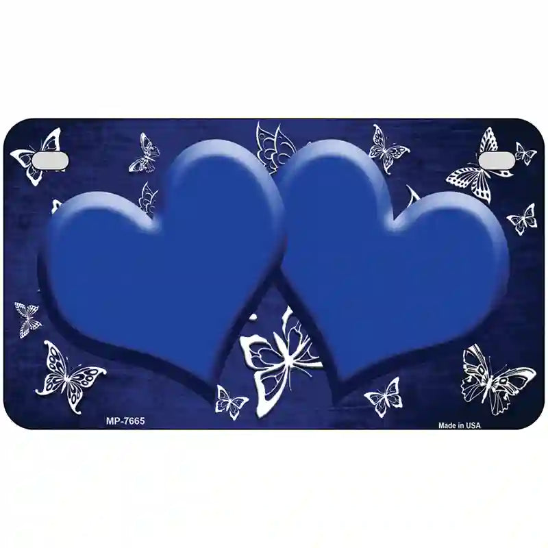 Blue White Hearts Butterfly Oil Rubbed Metal Novelty License Plate 7" x 4" (MP)