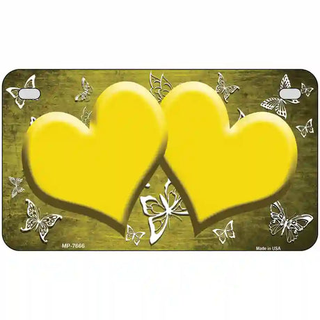 Yellow White Hearts Butterfly Oil Rubbed Metal Novelty License Plate 7" x 4" (MP)