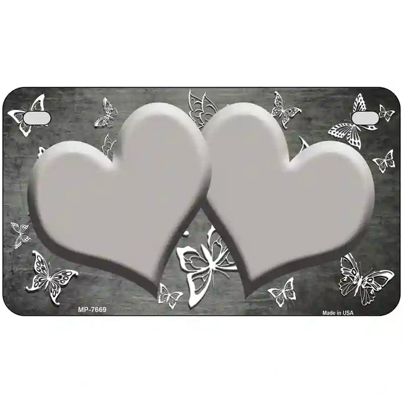 Gray White Hearts Butterfly Oil Rubbed Metal Novelty License Plate 7" x 4" (MP)