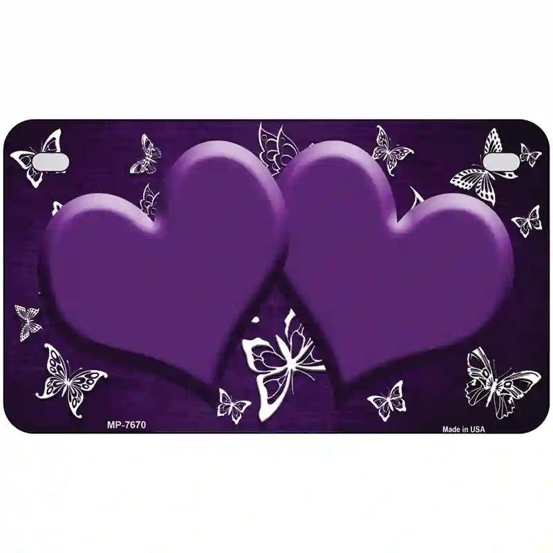 Purple White Hearts Butterfly Oil Rubbed Metal Novelty License Plate 7" x 4" (MP)