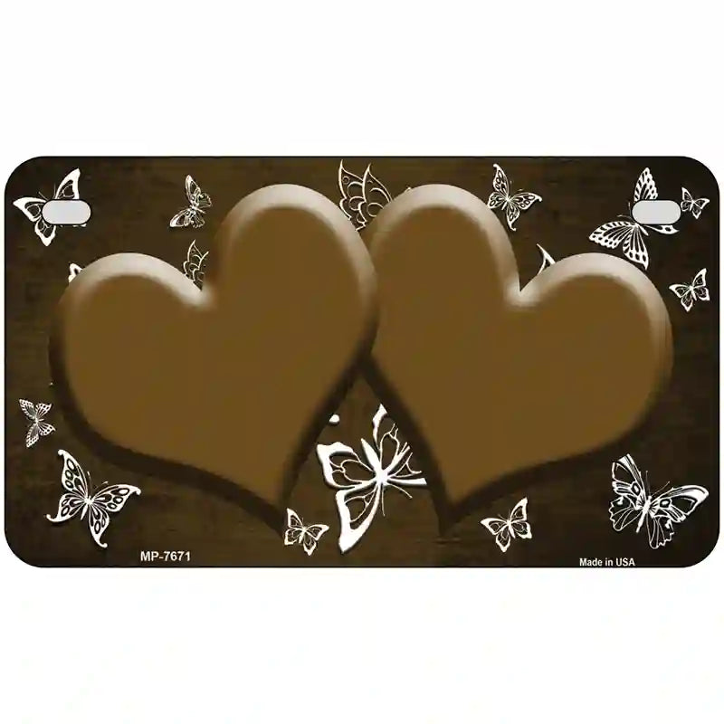 Brown White Hearts Butterfly Oil Rubbed Metal Novelty License Plate 7" x 4" (MP)