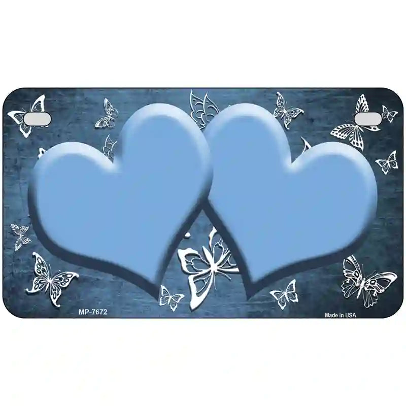 Light Blue White Hearts Butterfly Oil Rubbed Metal Novelty License Plate 7" x 4" (MP)