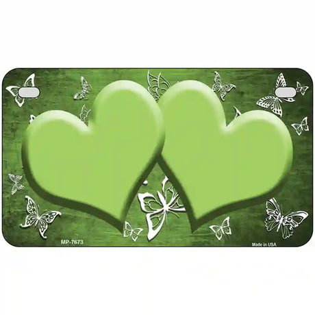 Lime Green White Hearts Butterfly Oil Rubbed Metal Novelty License Plate 7" x 4" (MP)