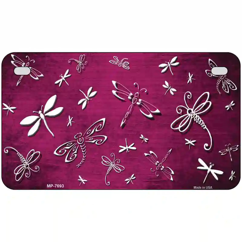 Pink White Dragonfly Oil Rubbed Metal Novelty License Plate 7" x 4" (MP)