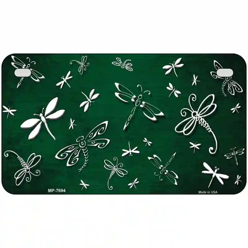 Green White Dragonfly Oil Rubbed Metal Novelty License Plate 7" x 4" (MP)