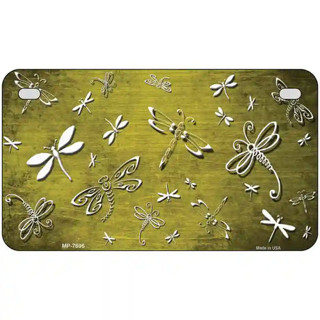 Yellow White Dragonfly Oil Rubbed Metal Novelty License Plate 7" x 4" (MP)