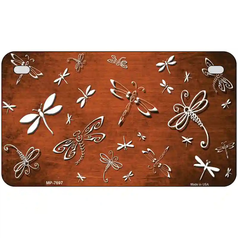 Orange White Dragonfly Oil Rubbed Metal Novelty License Plate 7" x 4" (MP)