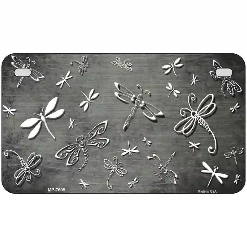 Gray White Dragonfly Oil Rubbed Metal Novelty License Plate 7" x 4" (MP)