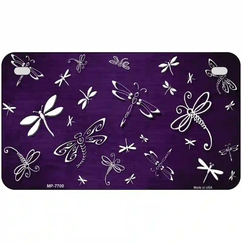 Purple White Dragonfly Oil Rubbed Metal Novelty License Plate 7" x 4" (MP)