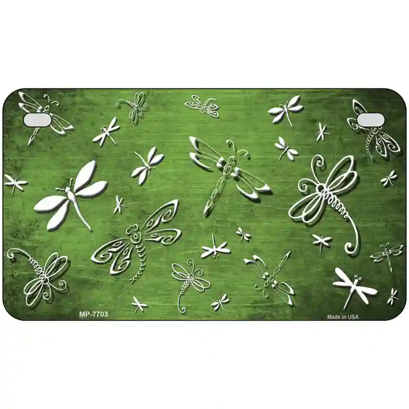 Lime Green White Dragonfly Oil Rubbed Metal Novelty License Plate 7" x 4" (MP)