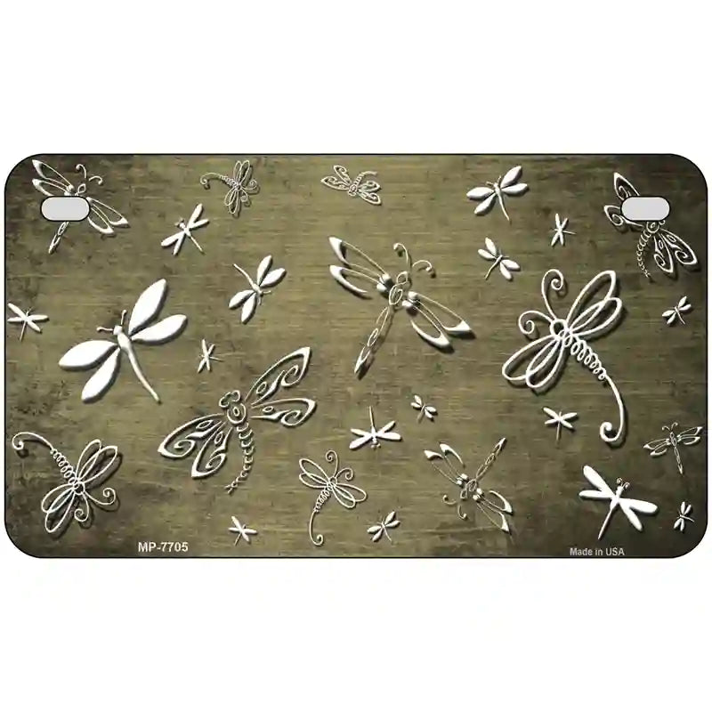 Gold White Dragonfly Oil Rubbed Metal Novelty License Plate 7" x 4" (MP)