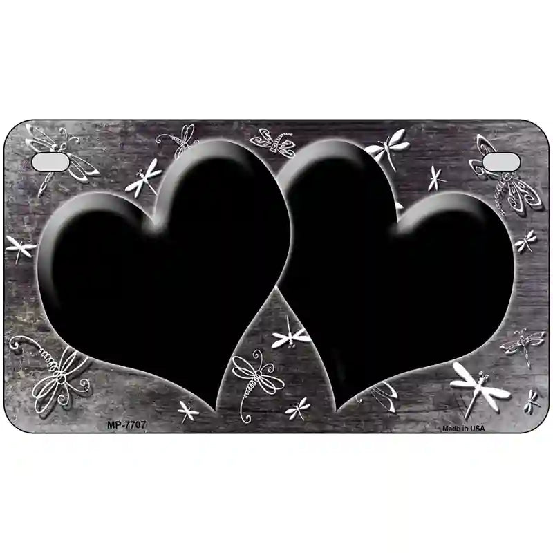 Black White Dragonfly Hearts Oil Rubbed Metal Novelty License Plate 7" x 4" (MP)